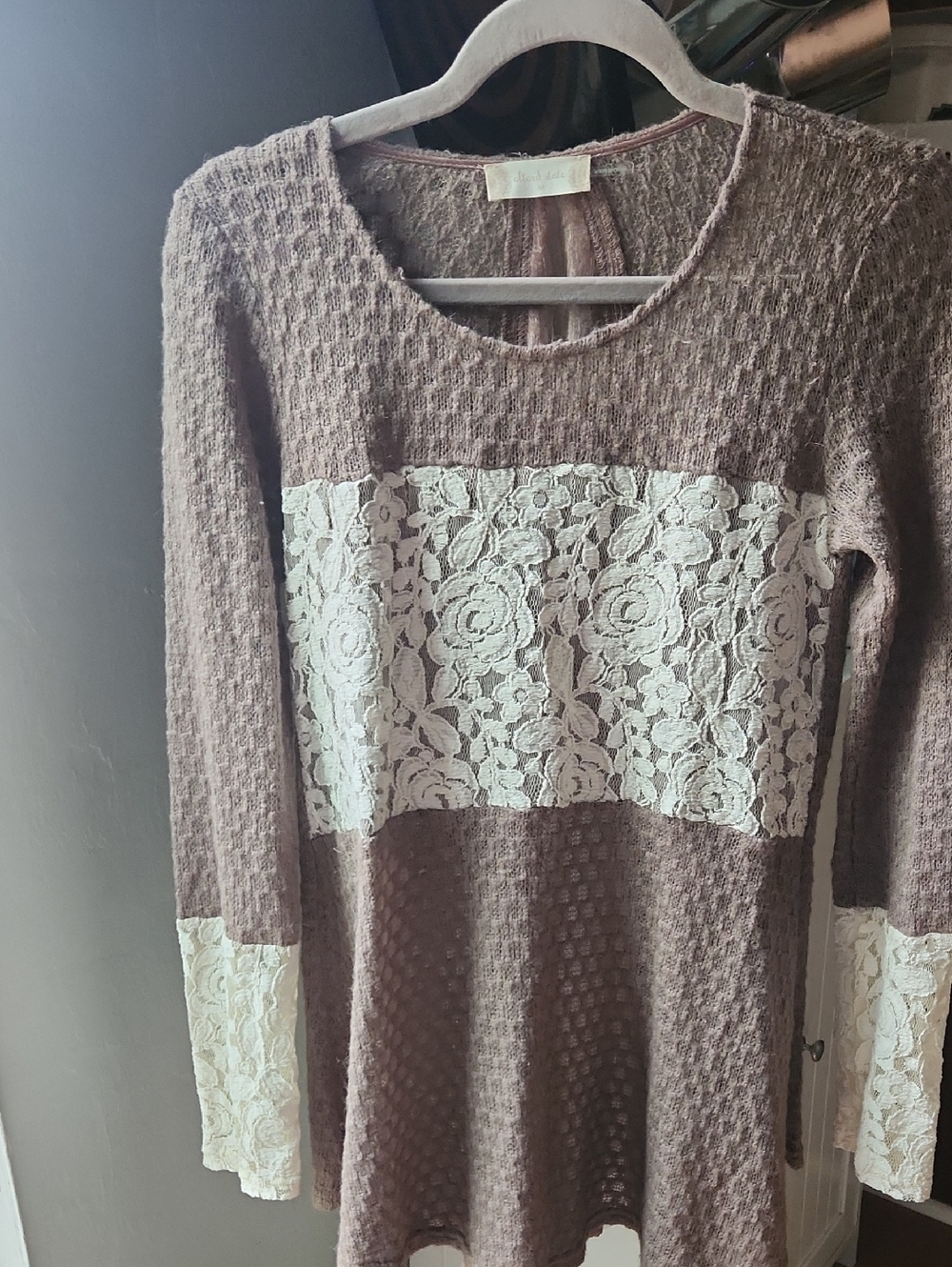 Altar'd State Taupe Knit Long Sleeve Dress with Ivory Lace Panel